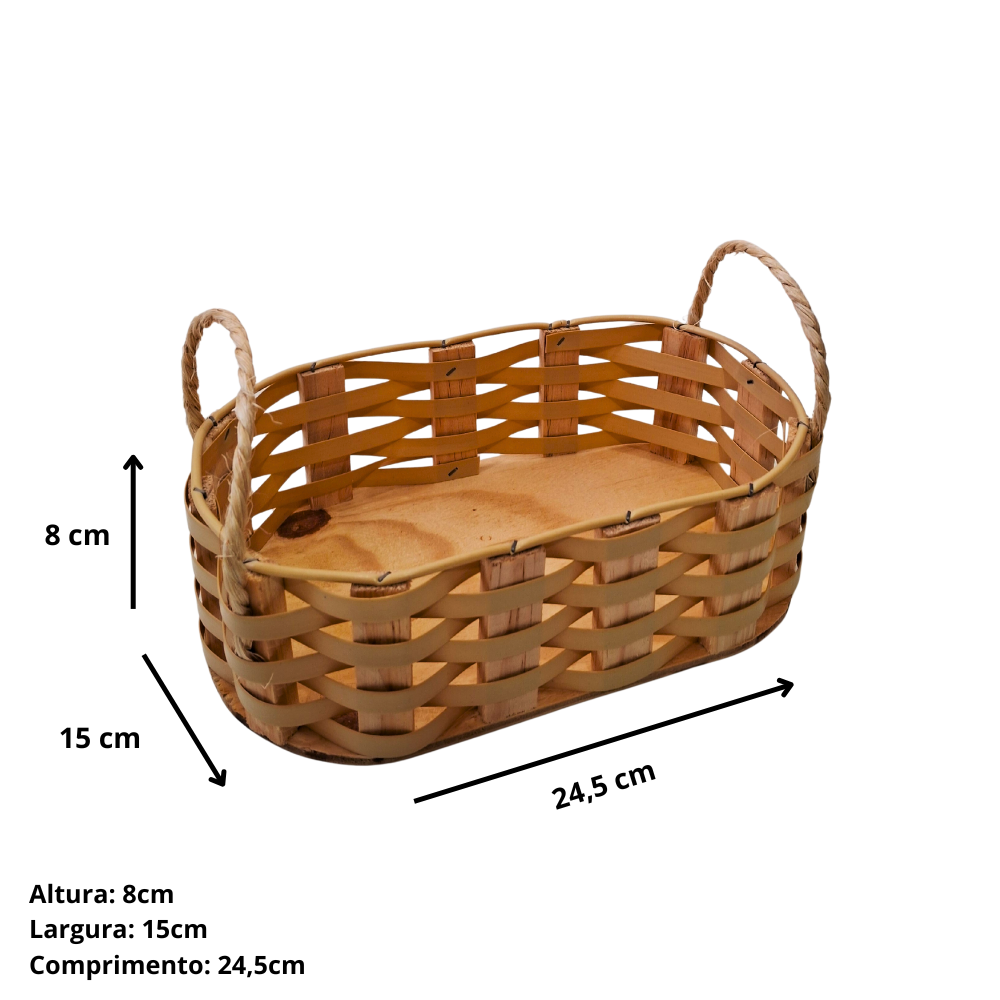 Bandeja oval de madeira de pinus e fibra sintética.